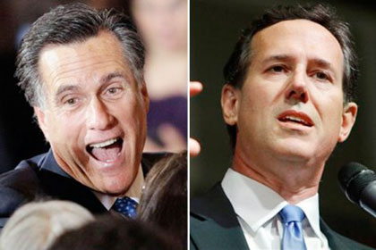 Ông Romney (trái) đang ngày càng giành nhiều lợi thế trước đối thủ gần nhất là ông Santorum (phải).